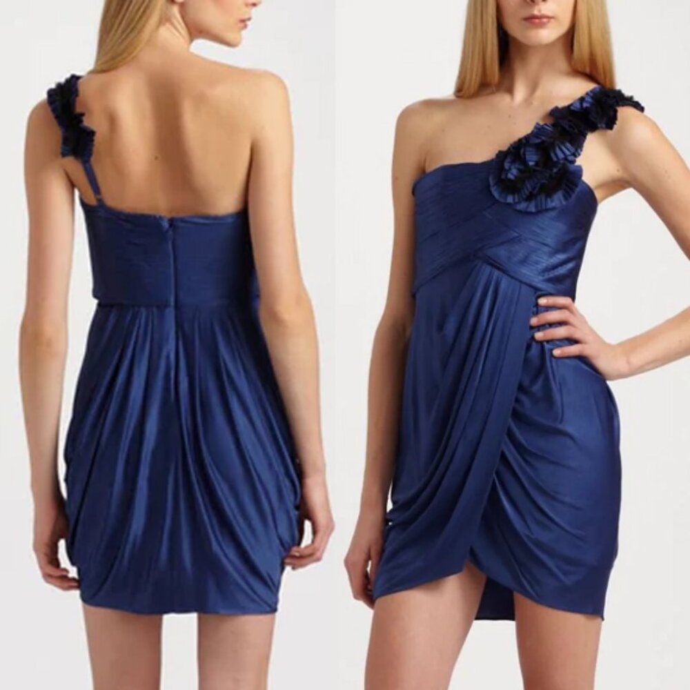 BCBGMaxAzria Addison One Shoulder Rosette Tulip Wrap Skirt Mini Dress M Ink $258